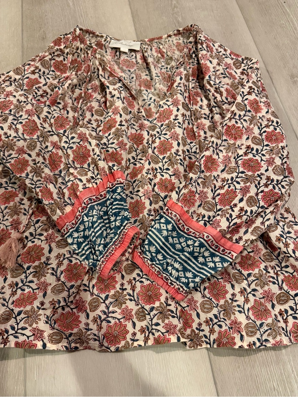 Cleobella Floral Blouse in Coral, Blue, Cream, EUC, XS-generous fit
